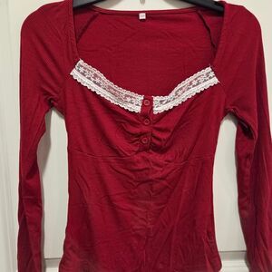 Women's Red Shirtwith white lace detail